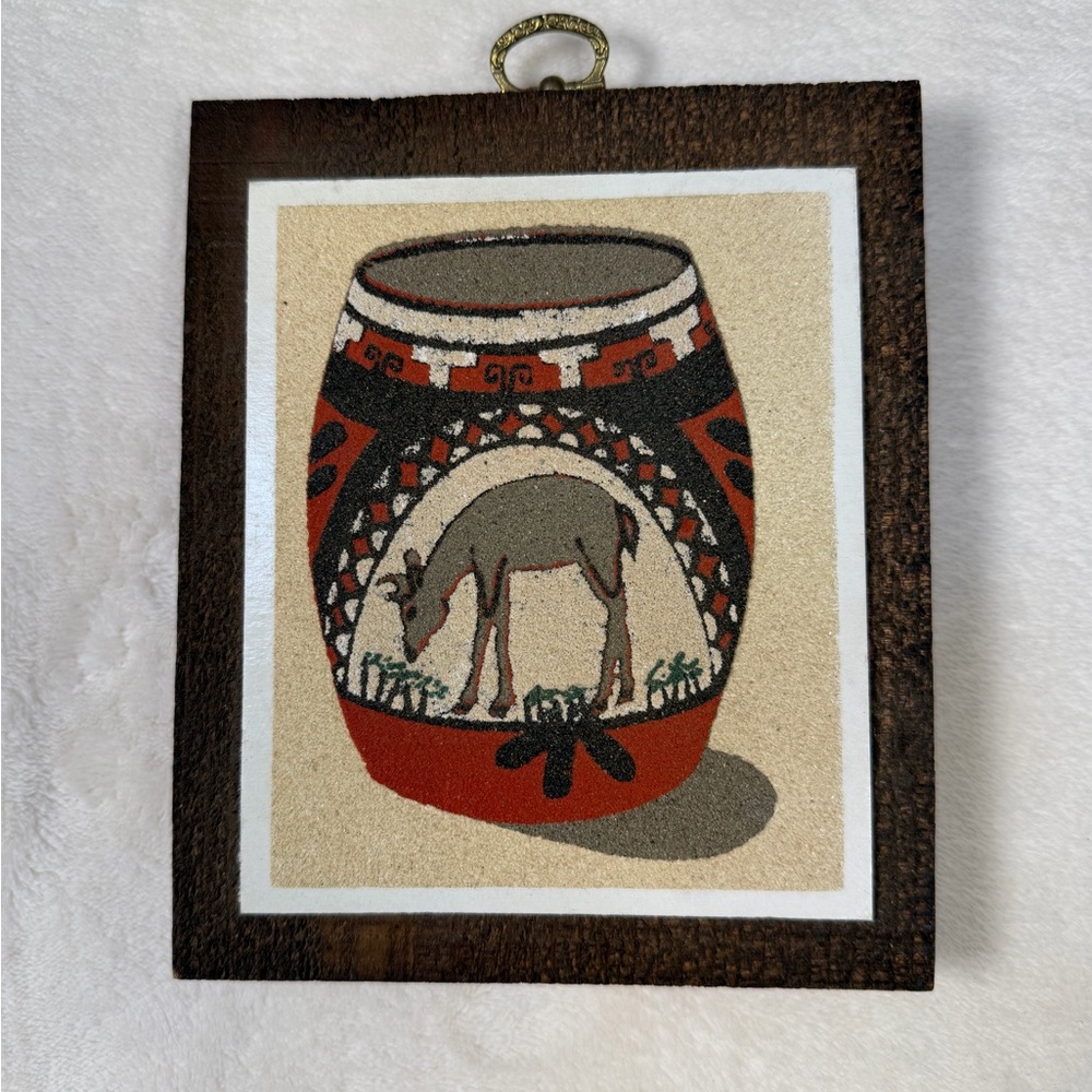 Vintage Southwestern Sand Art Wall Plaque Deer Rustic Decor 5.5x7